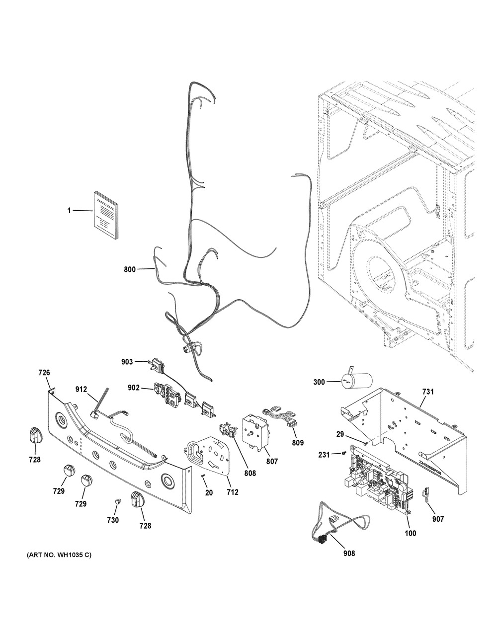 Controls & Backsplash Diagram and Parts List for  General Electric Washer Dryer Combo