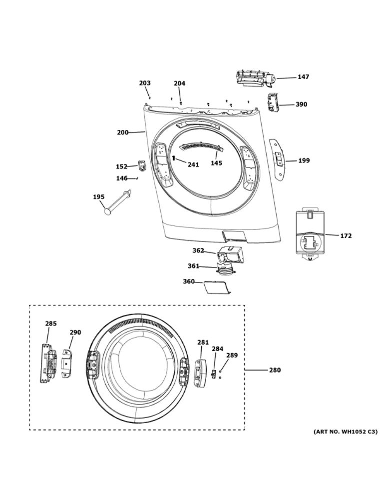 Front Panel And Door 1 Diagram and Parts List for  General Electric Washer