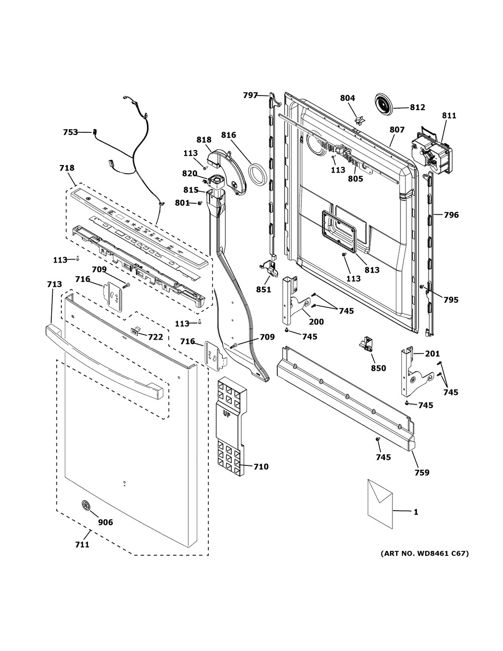 Escutcheon & Door Assembly Diagram and Parts List for  General Electric Dishwasher