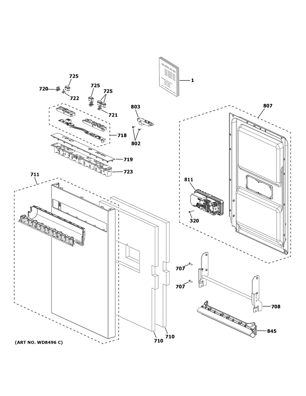 Escutcheon & Door Assembly Diagram and Parts List for  General Electric Dishwasher