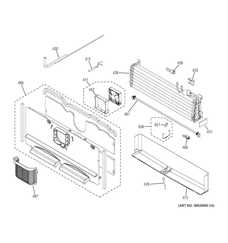 Freezer Section Diagram and Parts List for  General Electric Refrigerator