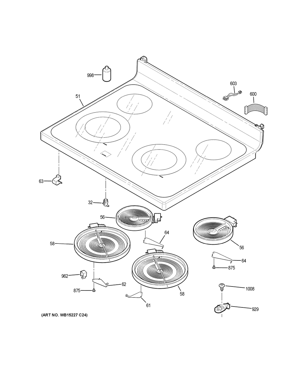 Cooktop Diagram and Parts List for  General Electric Range