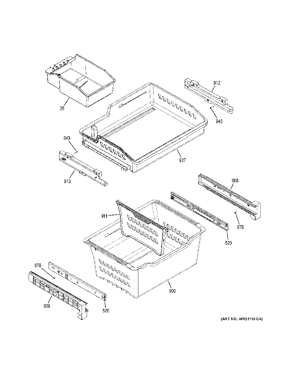 Freezer Shelves Diagram and Parts List for  General Electric Refrigerator