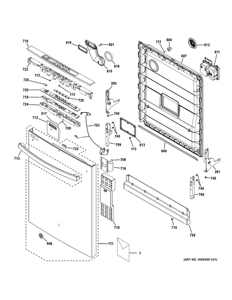 Escutcheon And Door Assembly Diagram and Parts List for  General Electric Dishwasher
