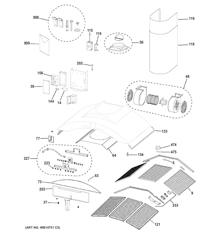 Hood Parts Diagram and Parts List for ZV750SP2SS  General Electric Range Hood