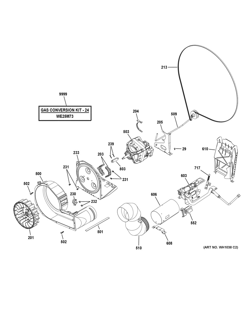 Gas Valve, Blower & Motor Assembly Diagram and Parts List for  General Electric Washer Dryer Combo