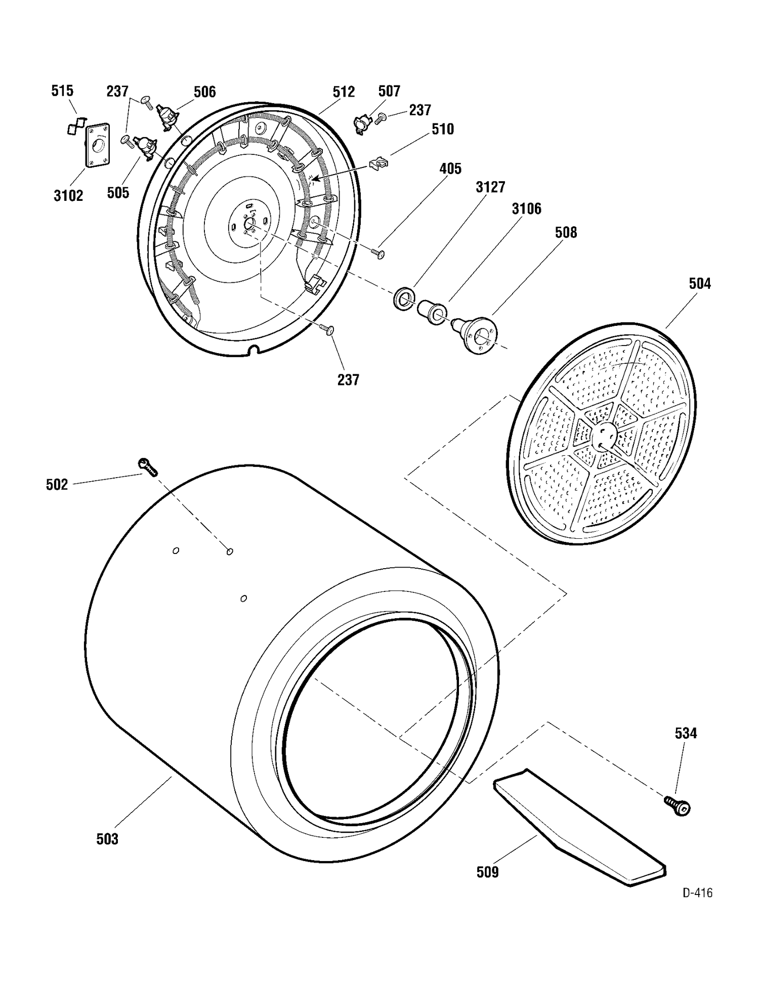 DRUM & HEATER Diagram and Parts List for  General Electric Dryer