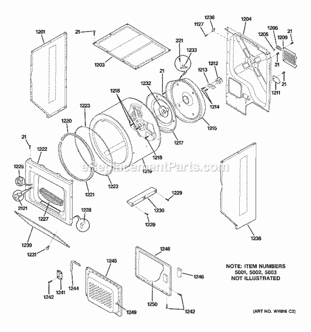 DRYER UPPER CABINET, DRUM & HEATER Diagram and Parts List for  General Electric Washer Dryer Combo