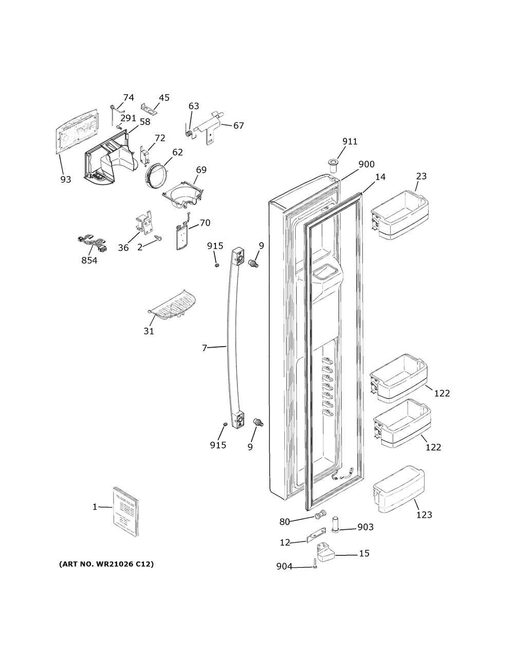 Freezer Door Diagram and Parts List for  General Electric Refrigerator