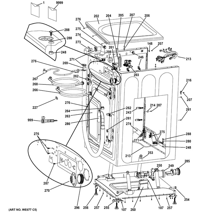 Cabinet and Top Panel Diagram and Parts List for  General Electric Washer