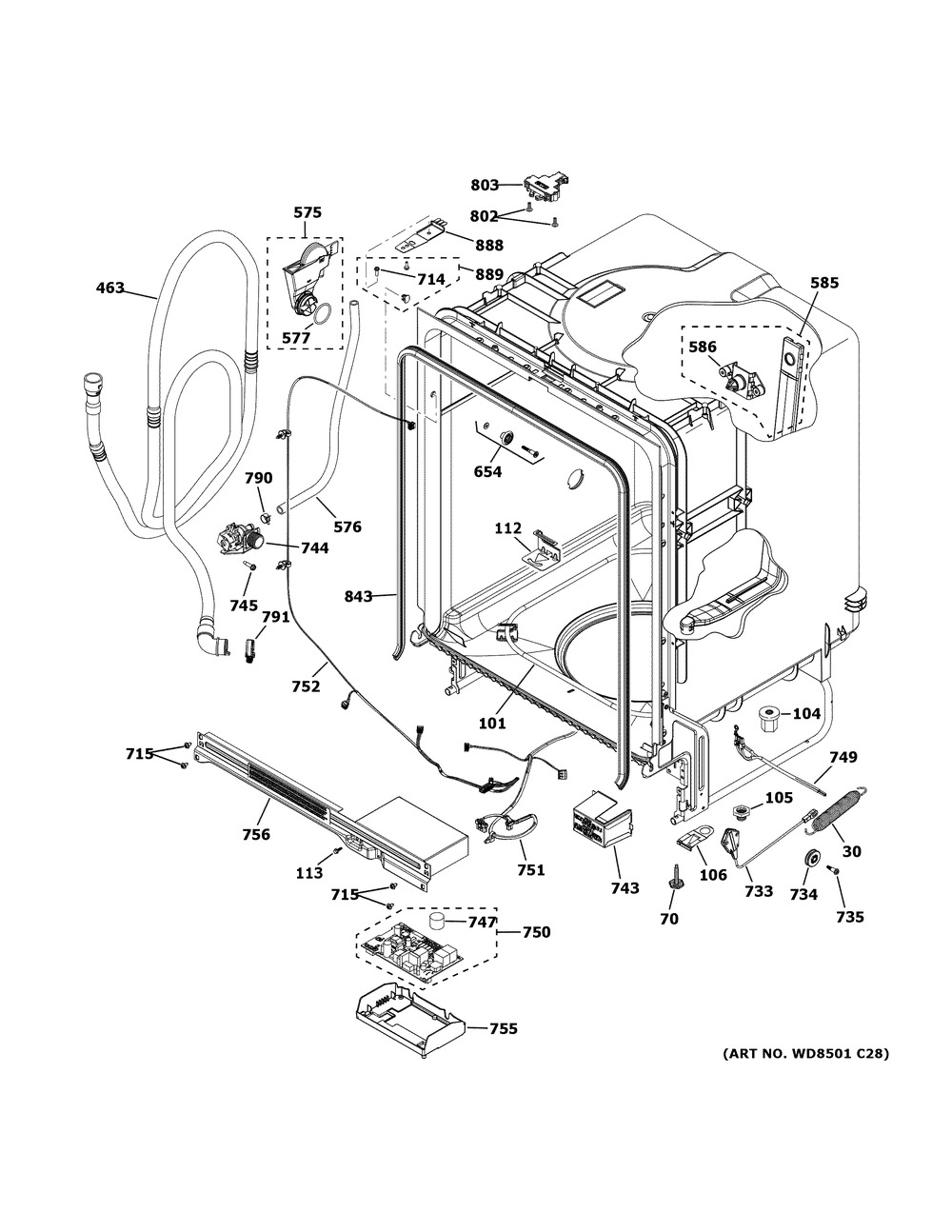 Body Parts Diagram and Parts List for  General Electric Dishwasher