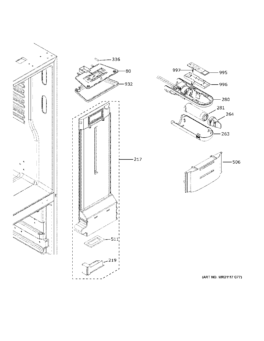 Fresh Food Section Diagram and Parts List for  General Electric Refrigerator