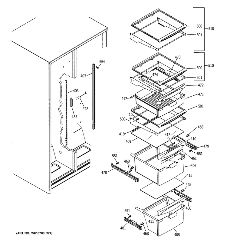 Fresh Food Shelves Diagram and Parts List for  General Electric Refrigerator