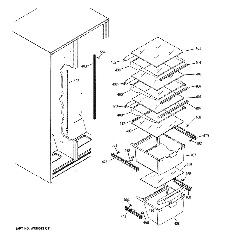 Fresh Food Shelves Diagram and Parts List for  General Electric Refrigerator