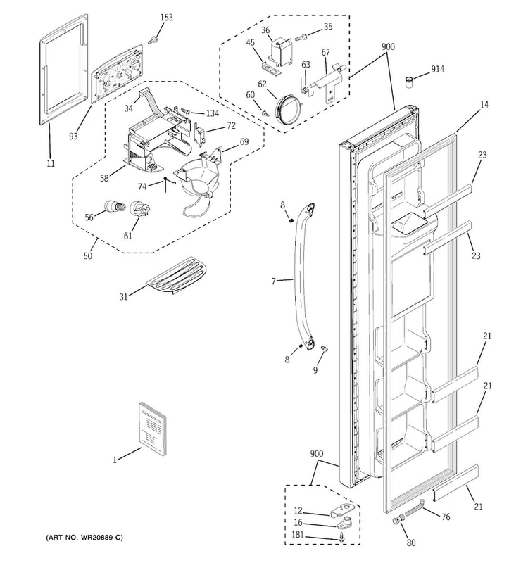 Freezer Door Diagram and Parts List for  General Electric Refrigerator