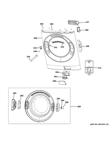 Front Panel And Door 1 Diagram and Parts List for  General Electric Washer