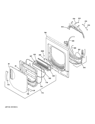 Dryer Front Panel & Door Diagram and Parts List for  General Electric Washer Dryer Combo