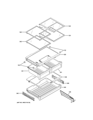 Fresh Food Shelves Diagram and Parts List for  General Electric Refrigerator