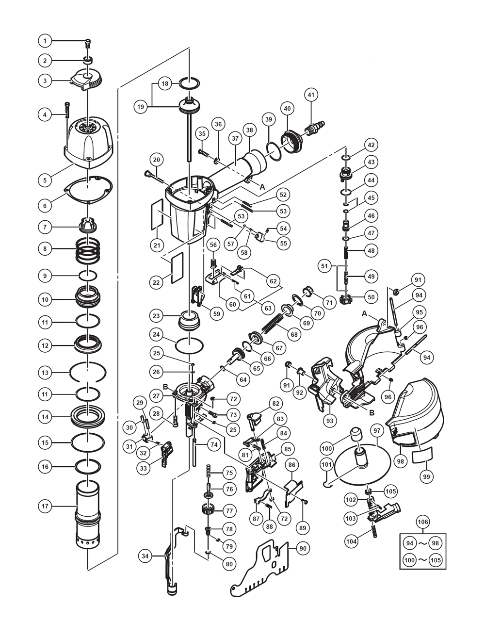 Page 1 Diagram and Parts List for  Hitachi Nailer