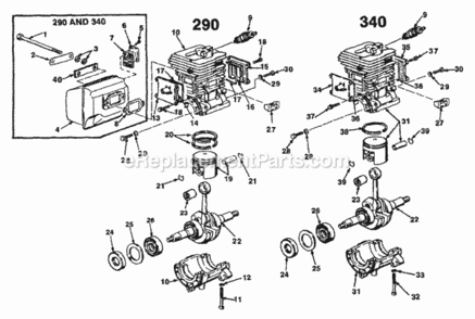 Engine_Internals Diagram and Parts List for  Homelite Chainsaw