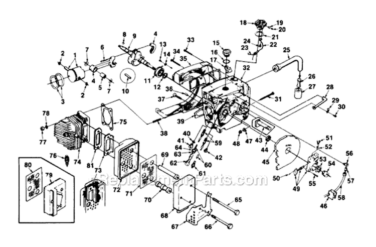Engine Internals Diagram and Parts List for  Homelite Chainsaw