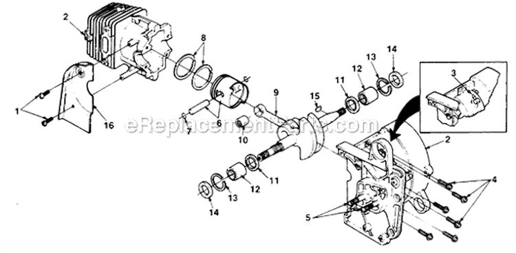 Engine Internals Diagram and Parts List for  Homelite Chainsaw