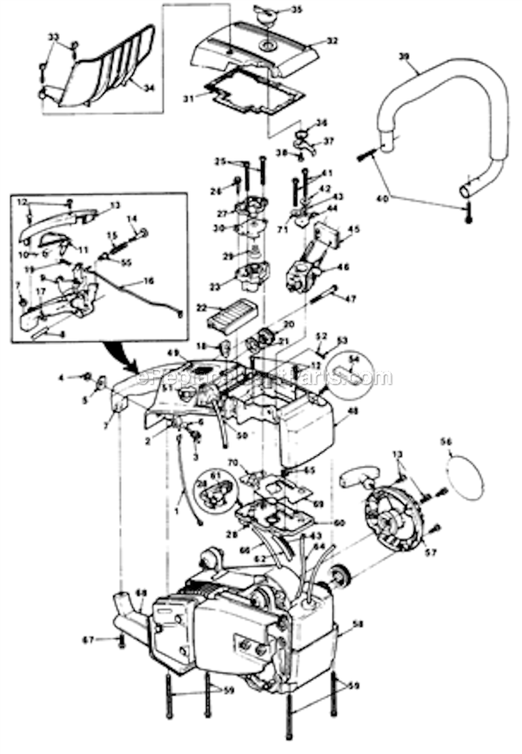 Handles Carburetor Chamber  Starter Diagram and Parts List for  Homelite Chainsaw