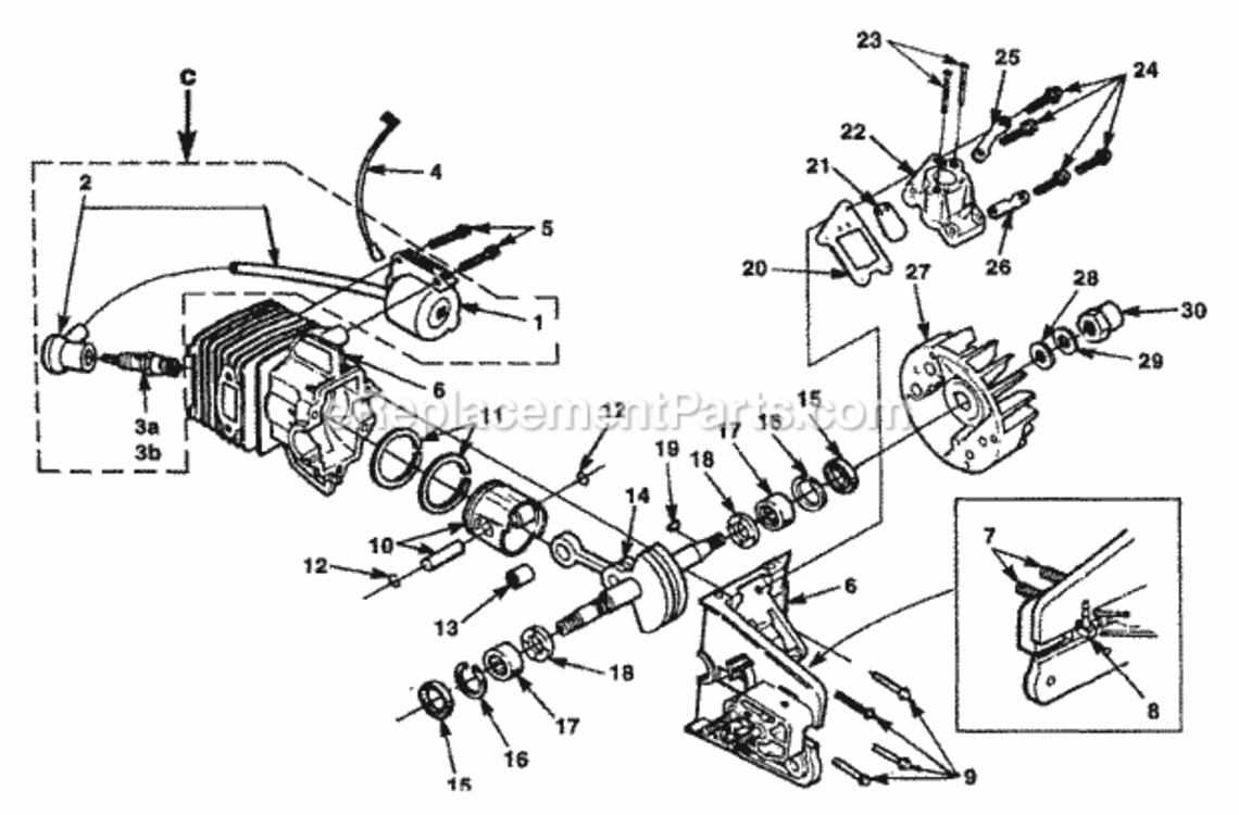Engine_Internal Diagram and Parts List for  Homelite Chainsaw