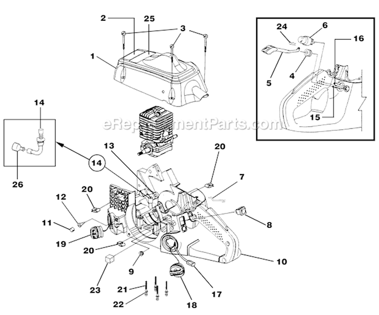 Engine Housing Fuel Tank And Oil Tank Diagram and Parts List for  Homelite Chainsaw