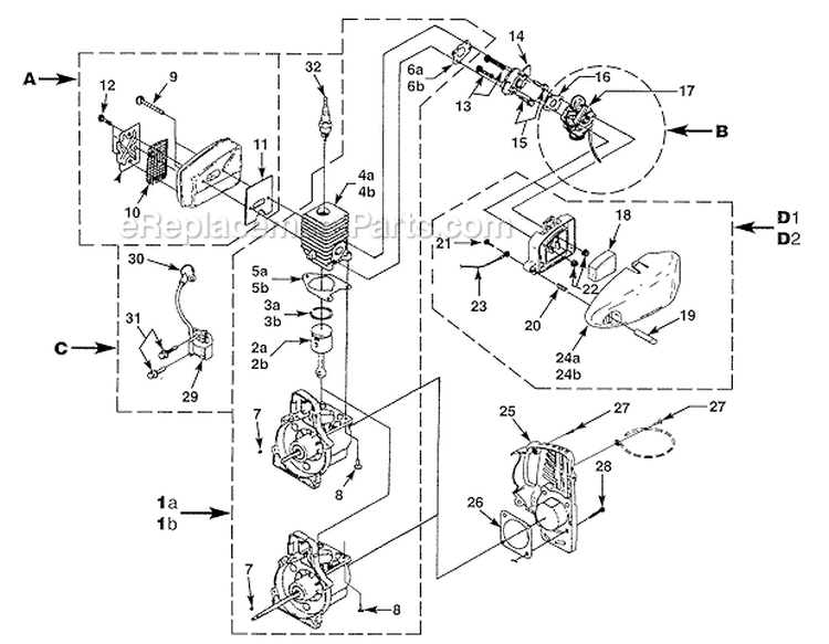 Intake, Muffler, Ignition And Engine Diagram and Parts List for UT-20631 Homelite Trimmer