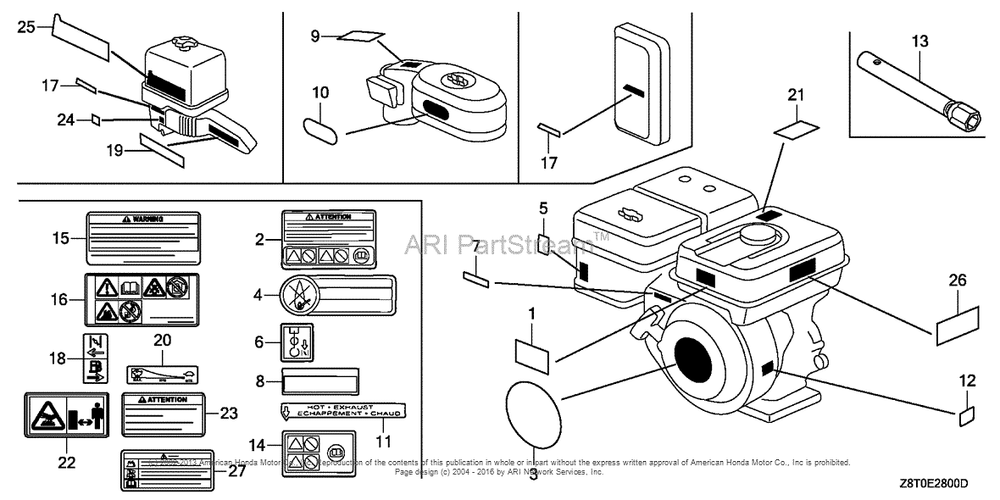 Label + Tool Diagram and Parts List for (typePKT2)(GCBET-1000001) Honda Engine