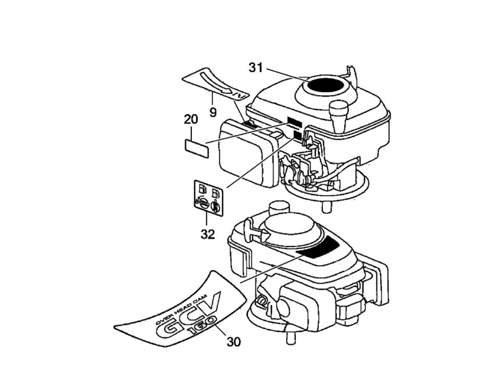 Labels Diagram and Parts List for  Honda Engine