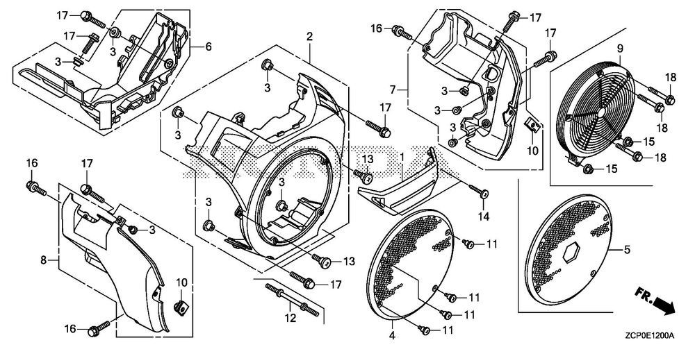 Fan Cover Diagram and Parts List for (Type VXE1)(GCAPH-1000001-1999999) Honda Engine