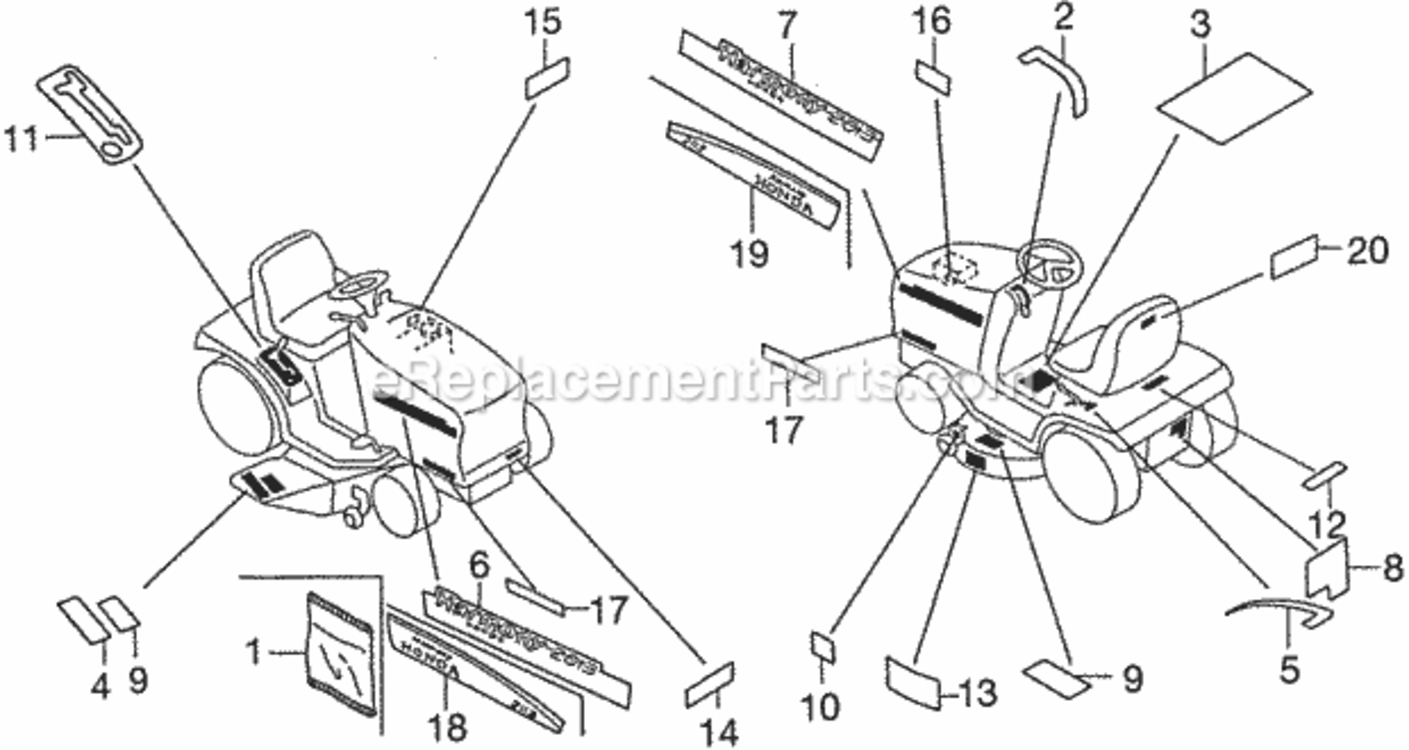 Labels Diagram and Parts List for Type HMAVIN# MZBF-6200001 Honda Lawn Tractor