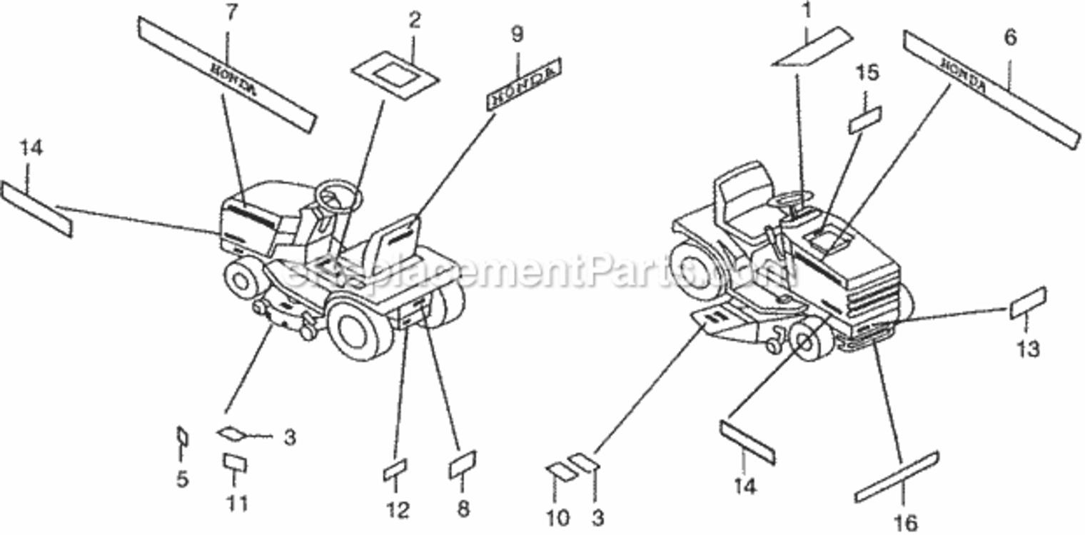 Labels (Frame) Diagram and Parts List for Type H48AVIN# MZCJ-6000001 Honda Lawn Tractor