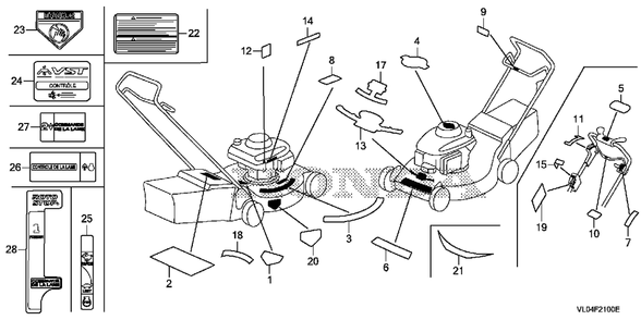Label 2 Diagram and Parts List for (Type  VLAA)(MZCG-1660001 - 1760000) Honda Lawn Mower