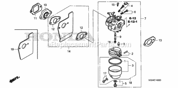 Carburetor Diagram and Parts List for Type PDAVIN# MZBZ-6000001 to MZBZ-6067704 Honda Lawn Mower