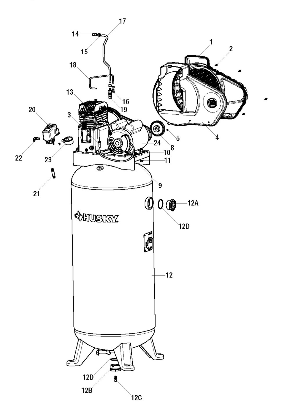 Tank Parts Diagram and Parts List for TYPE 1 Husky Compressor