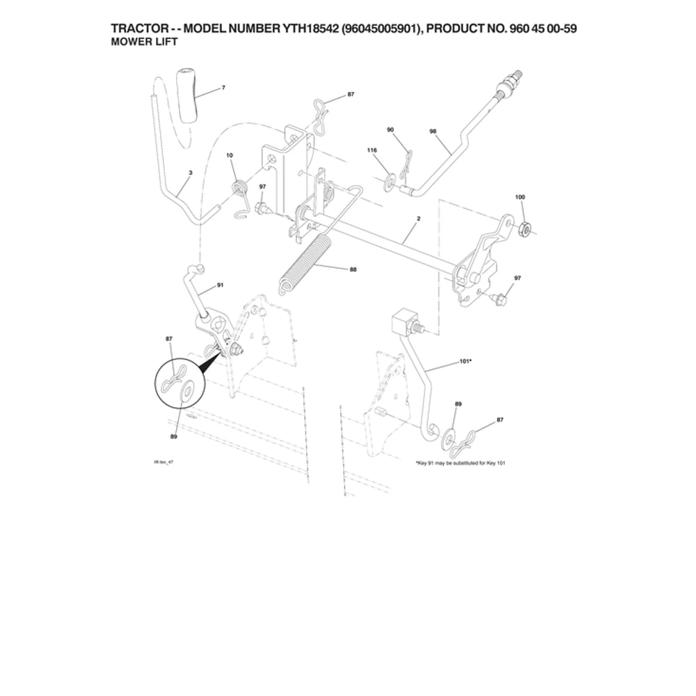 Mower Lift Diagram and Parts List for  Husqvarna Lawn Tractor