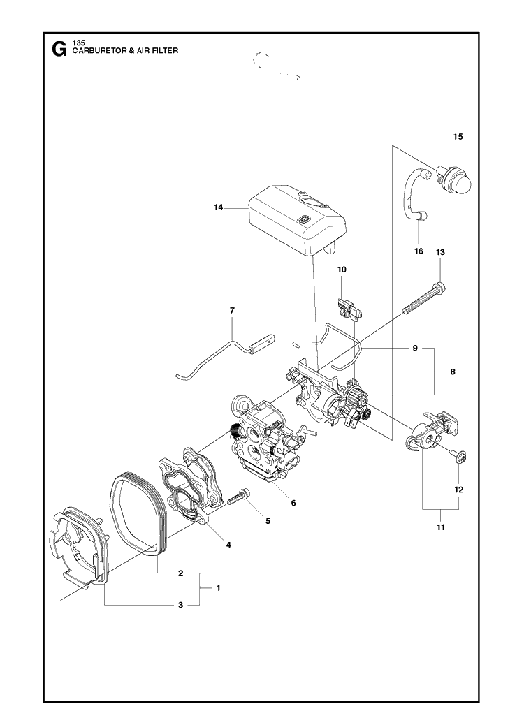 Carburetor And Air Filter Diagram and Parts List for  Husqvarna Chainsaw