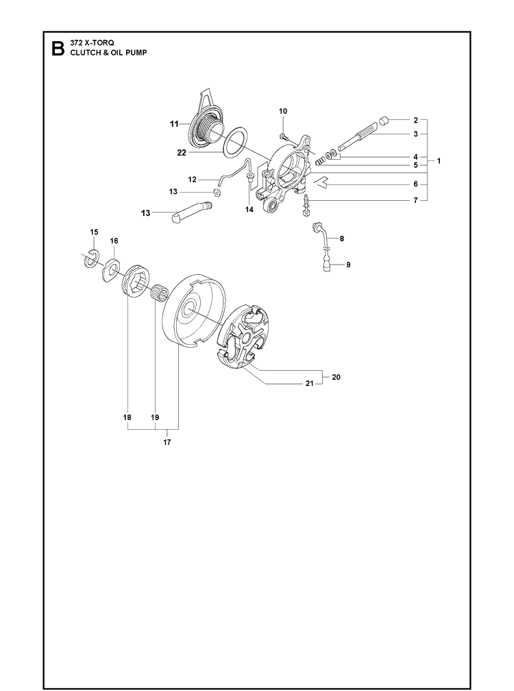 Clutch And Oil Pump 2 Diagram and Parts List for XPG X-TORQ Husqvarna Chainsaw