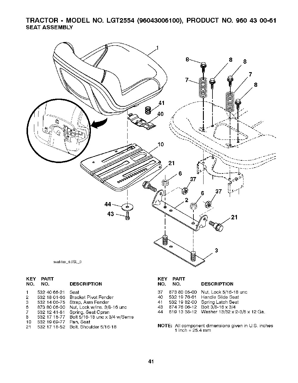 Seat Diagram and Parts List for 2008-12 Husqvarna Lawn Tractor