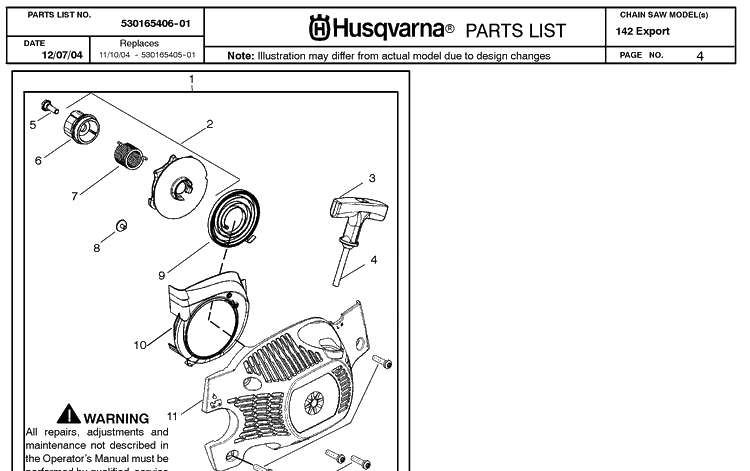Starter Diagram and Parts List for 20050100001-20064900000 Husqvarna Chainsaw