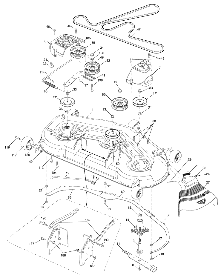 Mower Deck Diagram and Parts List for (96043002204)(2006-09) Husqvarna Lawn Mower