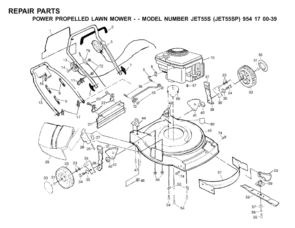 Frame And Engine Diagram and Parts List for JET55 (954170039-P)(2001-03) Husqvarna Lawn Mower