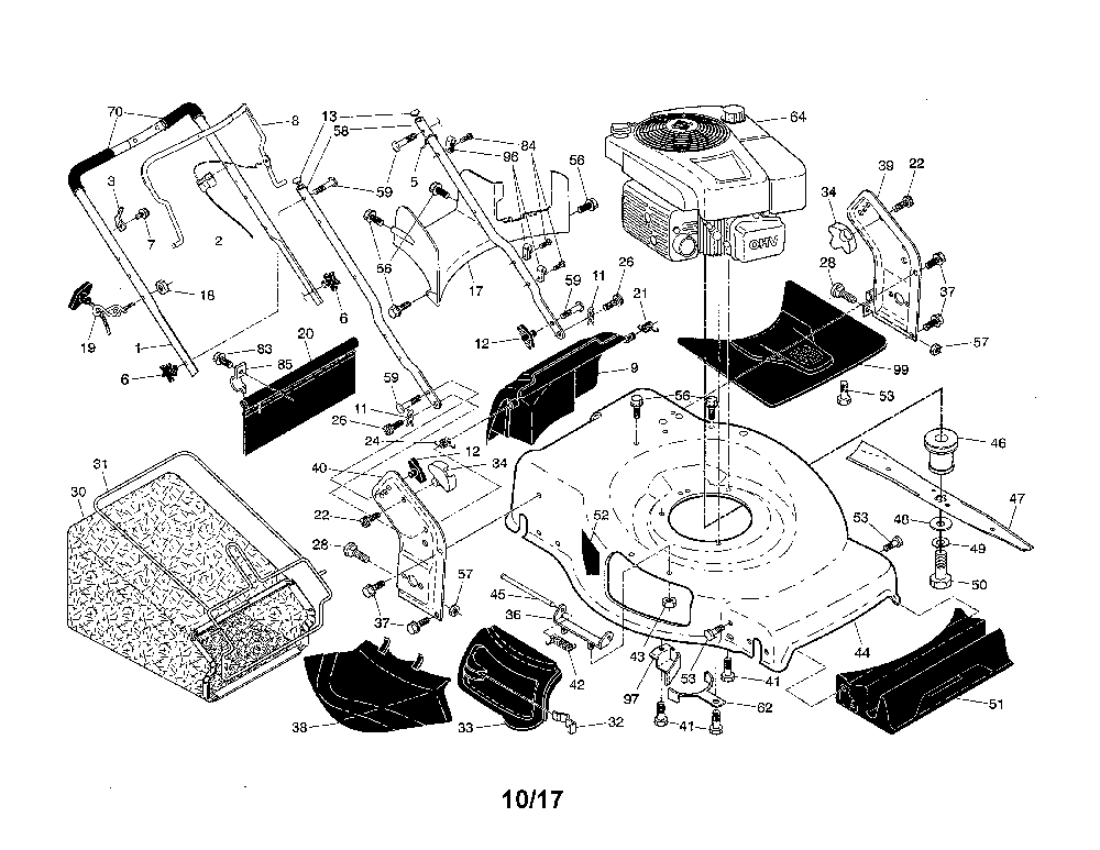 Engine/housing/handle Diagram and Parts List for  Husqvarna Lawn Mower