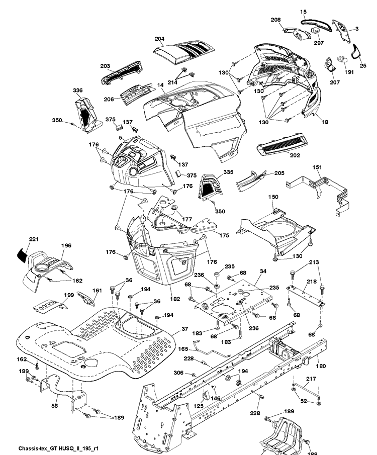 Chassis And Enclosures Diagram and Parts List for (96045004700)(2013-08) Husqvarna Lawn Tractor