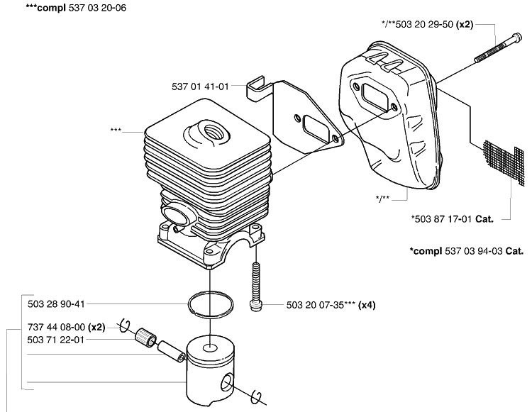 Piston / Cylinder And Muffler Diagram and Parts List for 2004-01 Husqvarna Trimmer