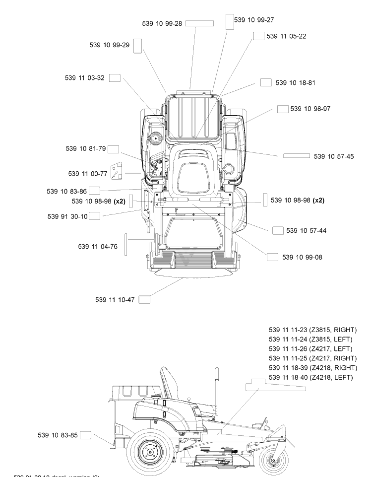Decals Diagram and Parts List for 2004-11 Husqvarna Lawn Mower