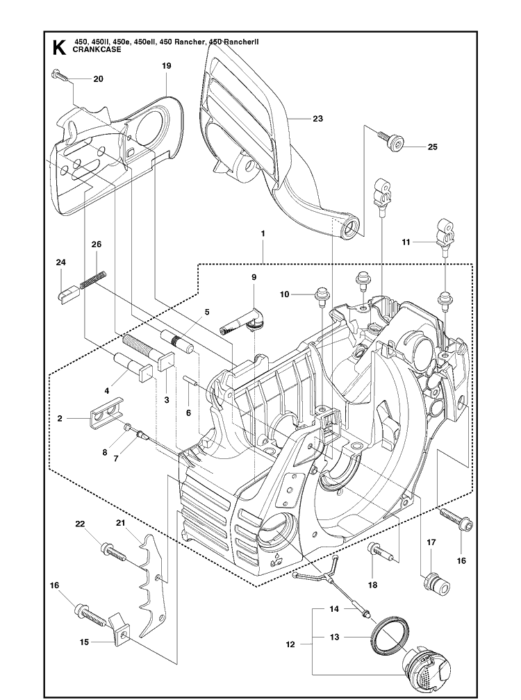 Crankcase Diagram and Parts List for 450II-450E-450EII-450 RANCHER-450 RANCHERII Husqvarna Chainsaw
